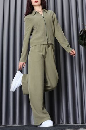 Soft Touch Dokuma Modal Fermuarlı İkili Takım Haki - 55012.1837.