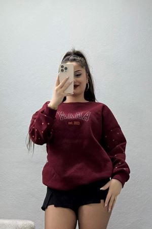 3 İplik Bisiklet Yaka Sweat Bordo - 42238.1878.