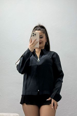 Dokuma Modal Fermuarlı Polo Yaka Ceket Gömlek Siyah - 51237.1837.