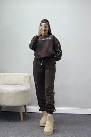 Baskılı Biyeli Eşofman Takımı Kahve - 20075.1857.