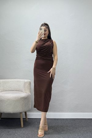 Dik Yaka Sandy Kumaş Elbise Kahve - 70831.1949.