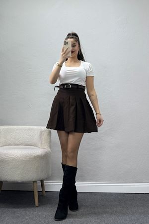 Double Kumaş Kemerli Pileli Etek Acıkahve - 51236.1920.