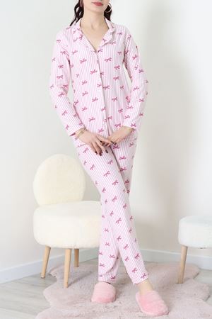 Süet Düğmeli Pijama Takımı Pembeçizgili - 52199.1783.