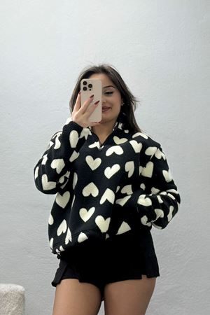 Yarım Fermuarlı Peluş Sweat Siyahkalp - 31713.1247.