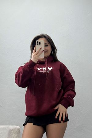 3 İplik Kapşonlu Nakışlı Sweat Bordobeyaz - 42219.1878.