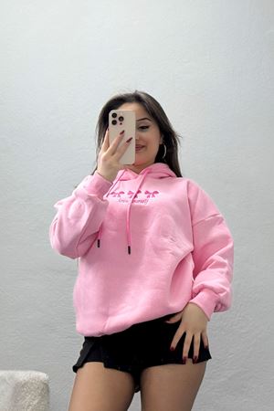 3 İplik Kapşonlu Nakışlı Sweat Pembekoyupembe - 42219.1878.