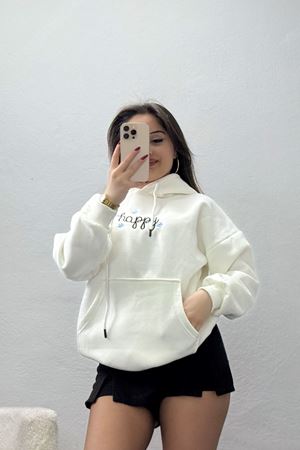3 İplik Kanguru Cepli Kapşonlu Sweat Beyaz - 42250.1878.