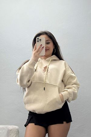 3 İplik Kanguru Cepli Kapşonlu Sweat Bej - 42254.1878.