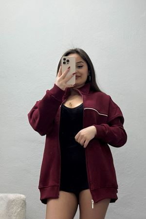 3 İplik Kompakt Oversize Biye Detaylı Sweat Bordo - 42505.1878.