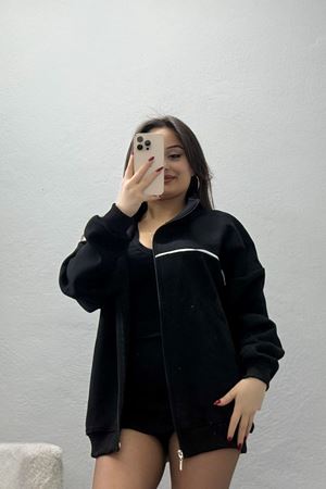 3 İplik Kompakt Oversize Biye Detaylı Sweat Siyah - 42505.1878.