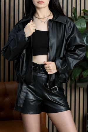 Kemerli Deri Ceket Siyah - 2017.2089.