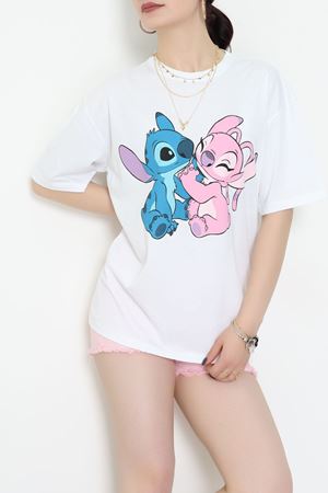 Baskılı Kompakt Penye Tişört Beyazpembe - 55044.1872.