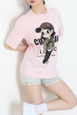 Baskılı Kompakt Penye Tişört Pembekahve - 55044.1872.