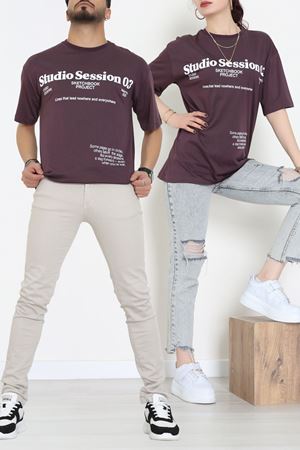 Kompakt Penye Unisex Tişört Mürdüm - 55064.1872.