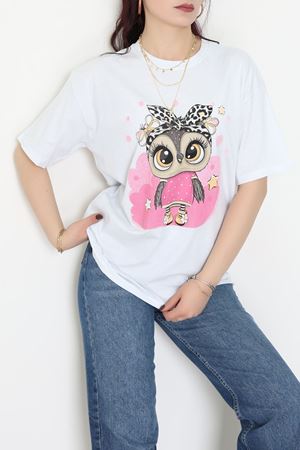 Baskılı Kompakt Penye Tişört Beyazleopar - 55044.1872.