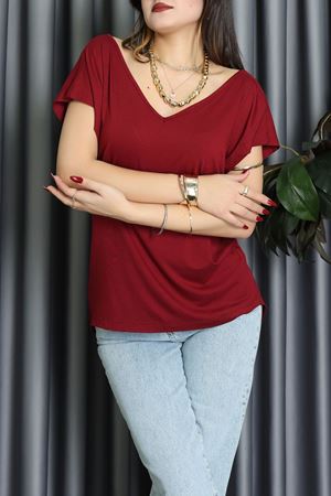 V Yakalı Arkadan Kurdele Detaylı Viskon Bluz Bordo - 87152.1256.