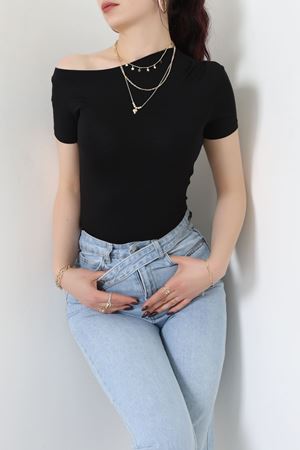 Tek Omuzu Açık Büzgülü Viskon Bluz Siyah - 61365.1256.