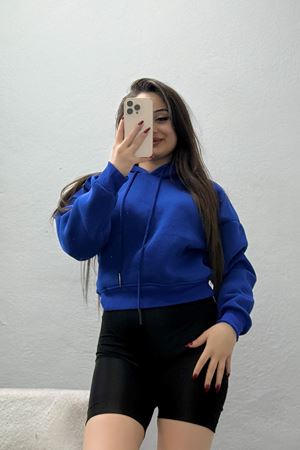 3 İplik Kapşonlu Crop Sweat Saks - 20959.1878.