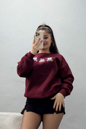 3 İplik Bisiklet Yaka Sweat Bordo - 42240.1878.
