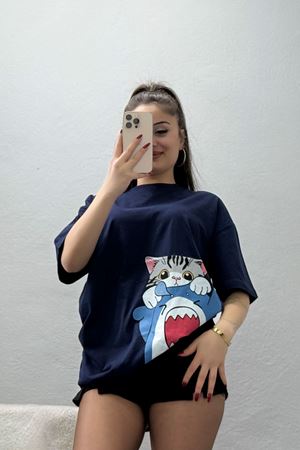 Baskılı Kompakt Penye Tişört Lacivertgri - 55044.1872.