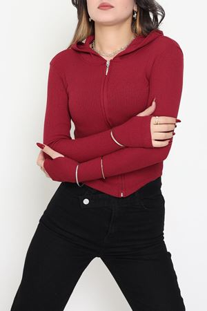 Kapşonlu Parmak Geçmeli Body Bordo - 70769.1567.