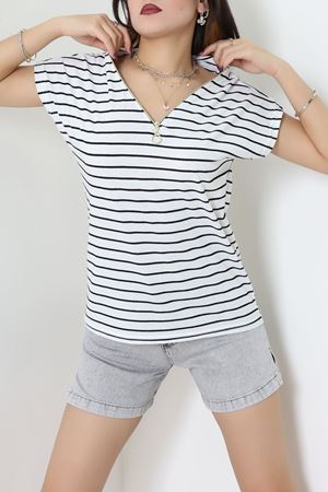 V Yaka Fermuarlı Rejenere Süprem Tişört Beyazsiyah - 600.1567.