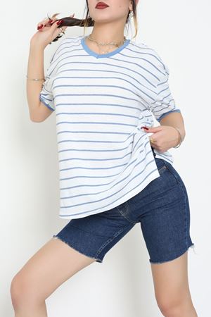 V Yaka Çizgili Rejenere Süprem Tişört Beyazmavi - 602.1567.