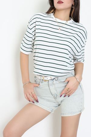 Bisiklet Yaka Çizgili Rejenere Süprem Tişört Beyazzümrüt - 601.1567.