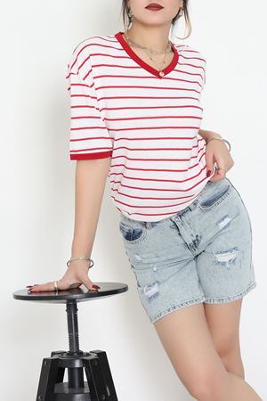 V Yaka Çizgili Rejenere Süprem Tişört Ekrukırmızı - 602.1567.