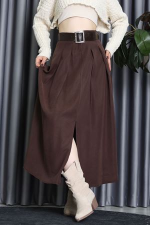 Pileli Kemerli Midi Etek Kahve - 70999.1934.