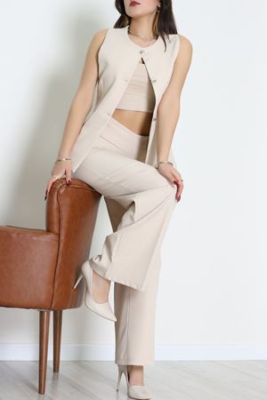 Düğmeli Dabıl İkili Takım Bej - 55039.1991.