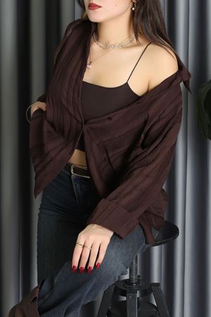 Geniş Çizgili Buklet Oversize Gömlek Kahve - 70995.1934.