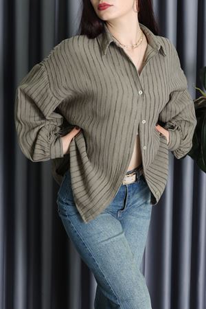 Armürlü Müslin Oversize Gömlek Haki - 70994.1934.