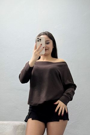 Kayık Yaka Omuz Düşümlü Double Face Kumaş Bluz Acıkahve - 22185.200.