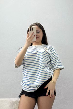 Baskılı Kompakt Penye Tişört Kremmavi - 55044.1872.