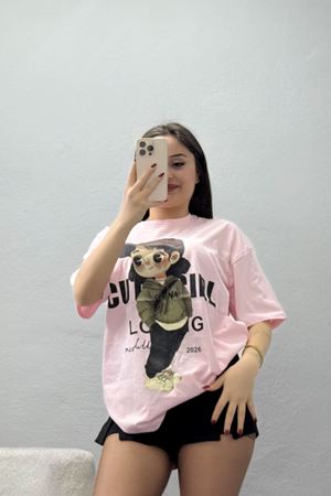 Baskılı Kompakt Penye Tişört Pembekahve - 55044.1872.