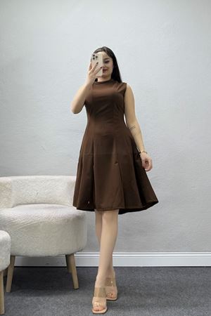 Dik Yaka İthal Krep 11 Parça Mini Elbise Acıkahve - 70816.1592.