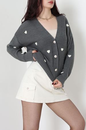 Nakışlı Kalpli Hırka Fümelatte - 444.1577.