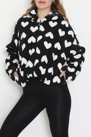 Baskılı Kapşonlu Polar Ceket Siyahkalp - 31711.1247.