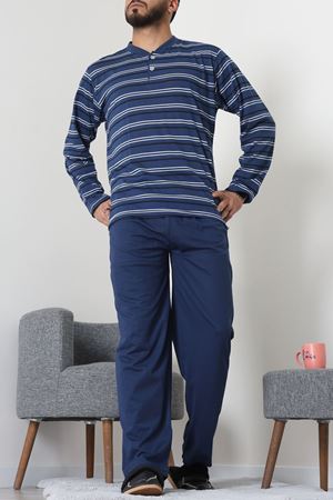 Süprem Çizgili Pat Detaylı Erkek Pijama Takımı İndigo - 70822.1902.