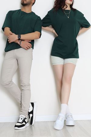 Kompak Penye Unisex Baskısız Oversize Tişört Koyuyeşil - 55045.1872.