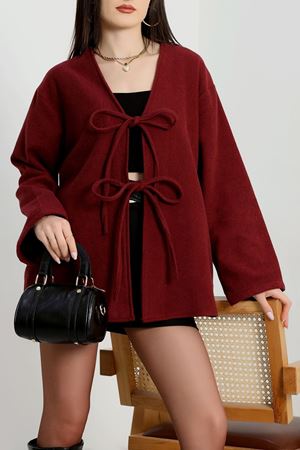 Önü Bağcıklı Kaşe Hırka Bordo - 70995.1775.