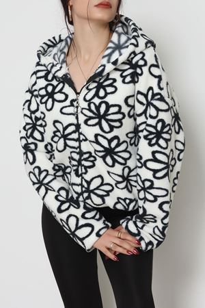 Baskılı Kapşonlu Polar Ceket Beyazsiyah - 31711.1247.