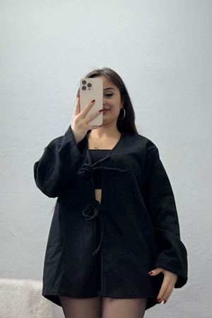 Önü Bağcıklı Kaşe Hırka Siyah - 70995.1775.