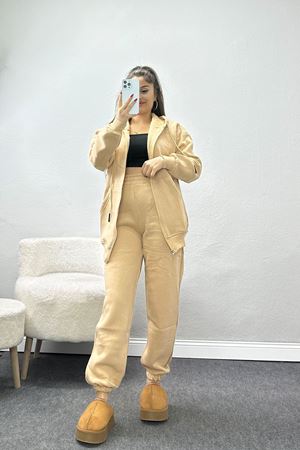 3 İplik Kapşonlu Eşofman Takımı Bej - 20255.1878.