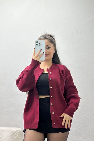 Kalp Düğmeli Hırka Bordo - 3256.1577.