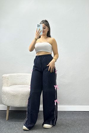 Özel Tasarım Biyeli Kurdeleli İki İplik Eşofman Altı Lacivert - 70192.1857.