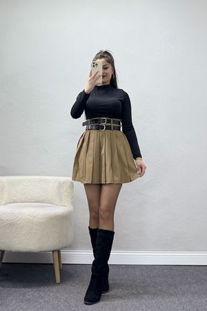 Pileli Çift Kemerli Etek Camel - 3239.1995.