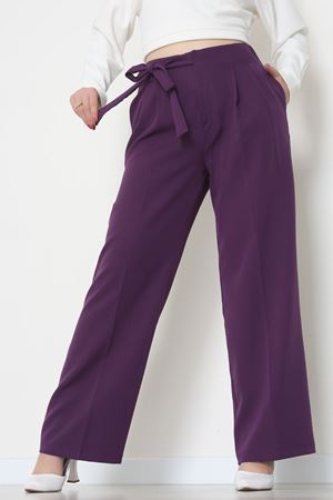 Yan Bağlama Detaylı Dabıl Kumaş Pantolon Mor - 51611.683.