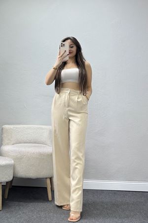 Dabıl Kumaş Pileli Palazzo Pantolon Bej - 51062.1991.